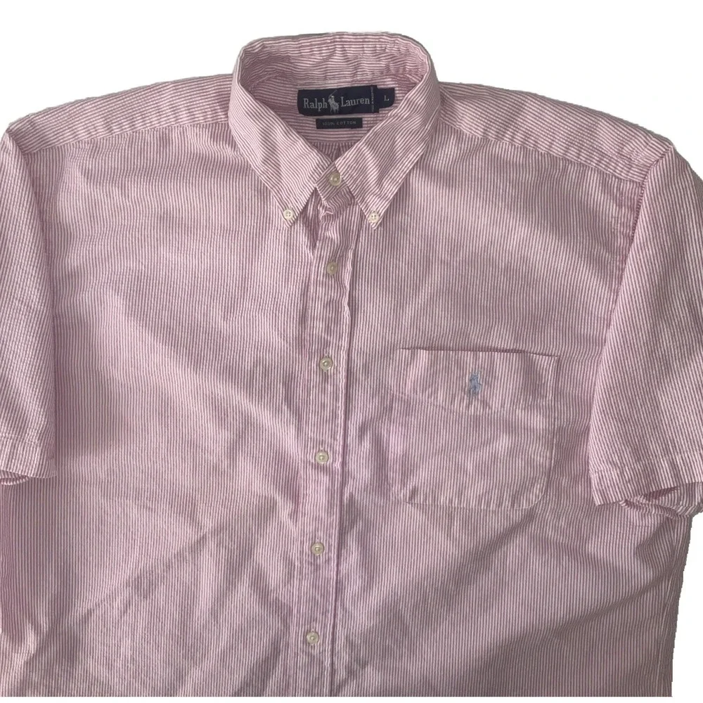 Vintage Ralph Lauren Shirt Men Sz L Textured Woven Short Sleeve Vertical Striped